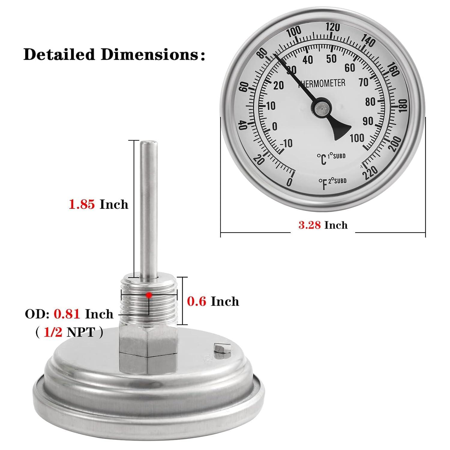 3" Dial 2" Probe FERRODAY 1/2 NPT Stainless Steel Thermometer Dial Thermometer 1/2 NPT Homebrew Kettle Thermometer Weldless w/O-Rings 0-220ºF Kettle Thermometer Stainless Steel Brew Pot Thermometer