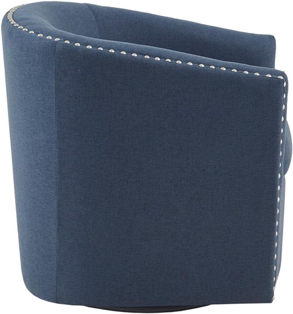 Madison Park Sheldon Swivel Chair Blue: Elegant Barrel Design, Nailhead Trim, 360° Rotation, No Assembly Required