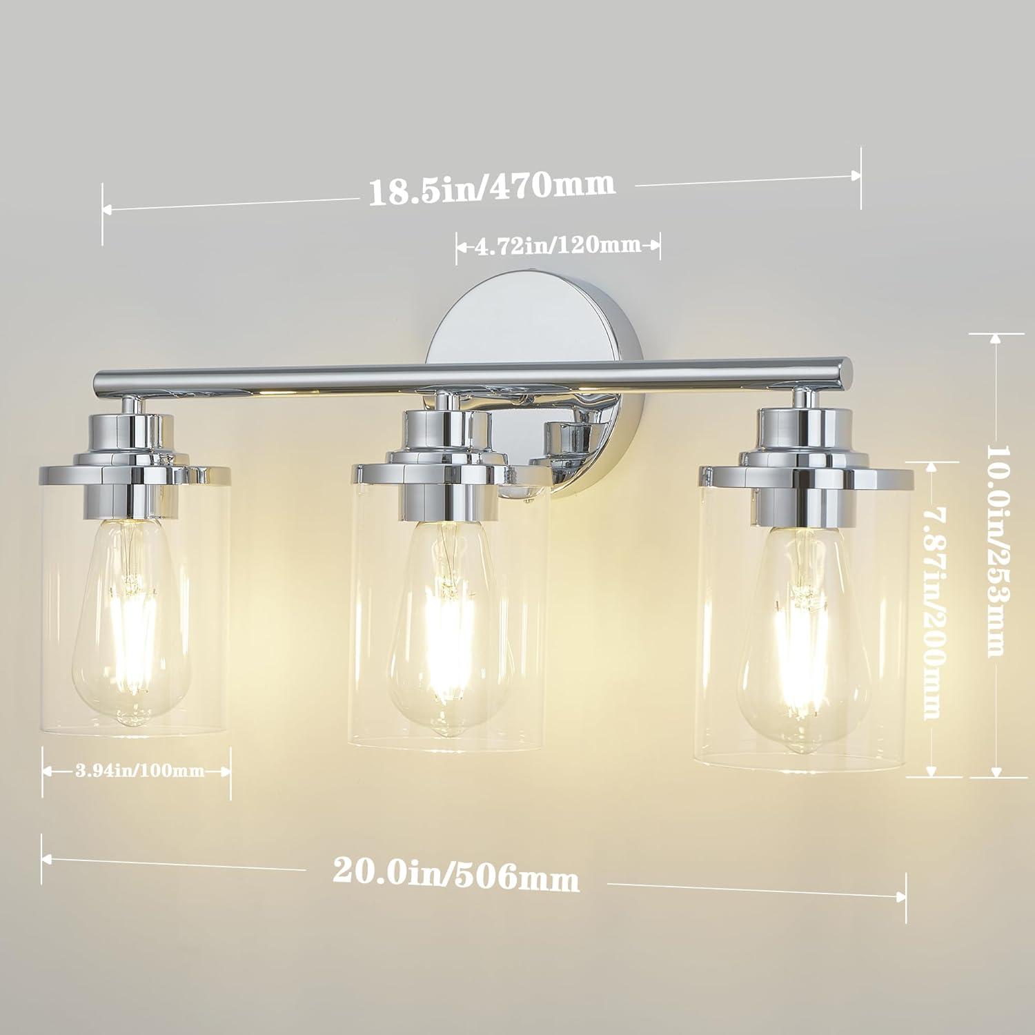 3-Light Bathroom Light Fixtures, Brushed Nickel Vanity Light, Farmhouse Wall Lights with Clear Glass Shade, Bathroom Wall Lamp for Mirror Kitchen Bedroom Hallway Living Room Hallway Cabinet