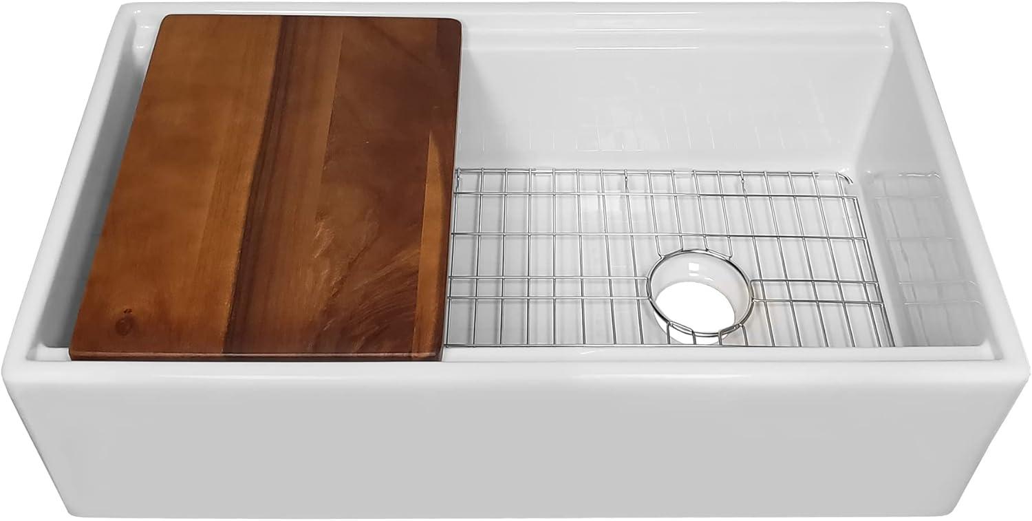 Whitehaus Collection Front Apron Single Bowl Fireclay Kitchen Sinks with Cutting Board and Grid