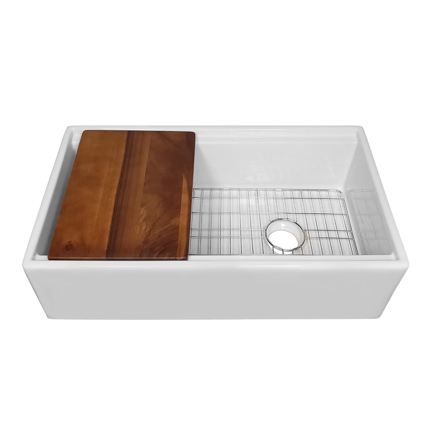 Whitehaus Collection Front Apron Single Bowl Fireclay Kitchen Sinks with Cutting Board and Grid