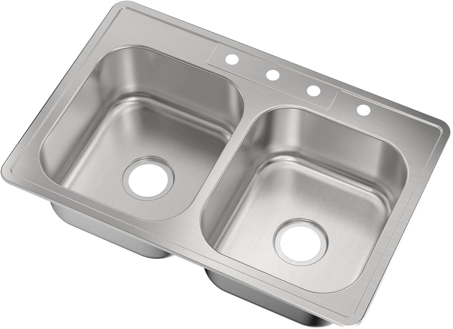 Magnolia Sinks Kitchen Sink Stainless Steel Drop In Top Mount 33" x 22", 4 hole (33 inch Drop-in Topmount 50/50 Double Bowl with Strainers) Self Rimming