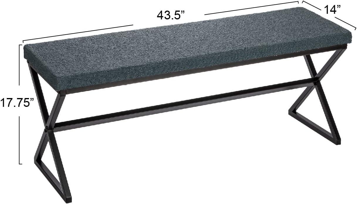 Household Essentials Harper Metal Bench with Boucle Upholstered Cushion, Blue-Grey and Black