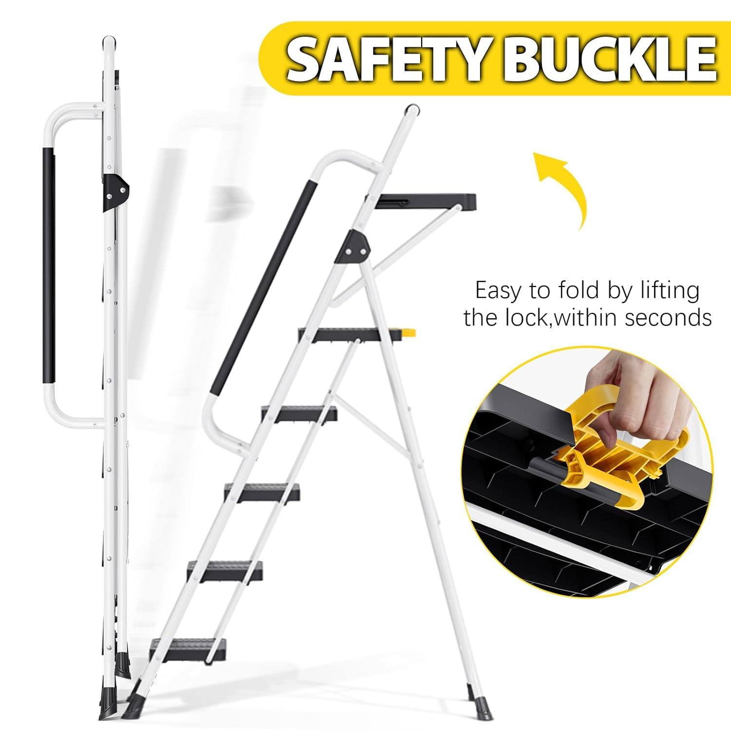 KINGRACK Folding 5-Step Ladder, 800 lbs Capacity Step Stool with Safety Lock, Tool Tray, Non-Skid Wide Steps, Handrail, Household Folding Ladder for Home, Garden, Painting, Outdoor, and Garage, White