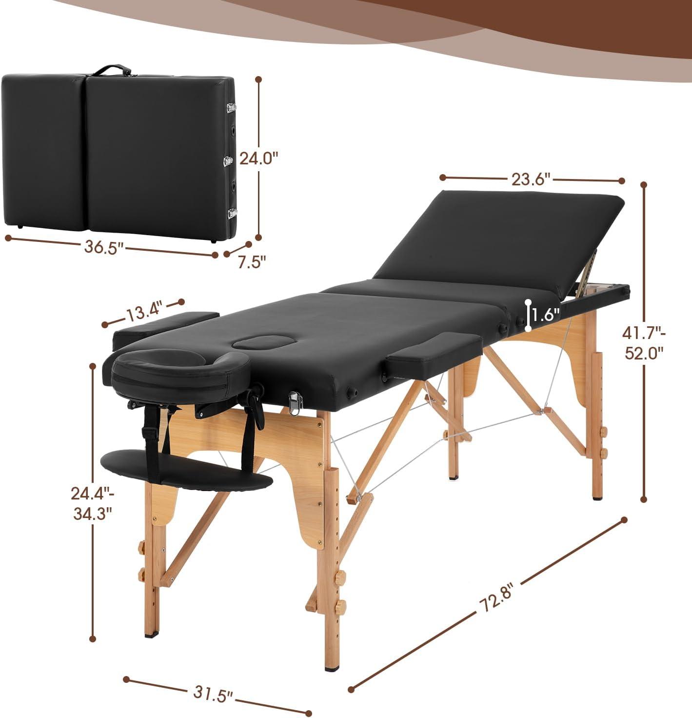 FDW Massage Table Massage Bed 3 Fold Portable 73" L x 32" W Height Adjustable Lightweight Spa Table Facial Cradle Bed with Carry Case