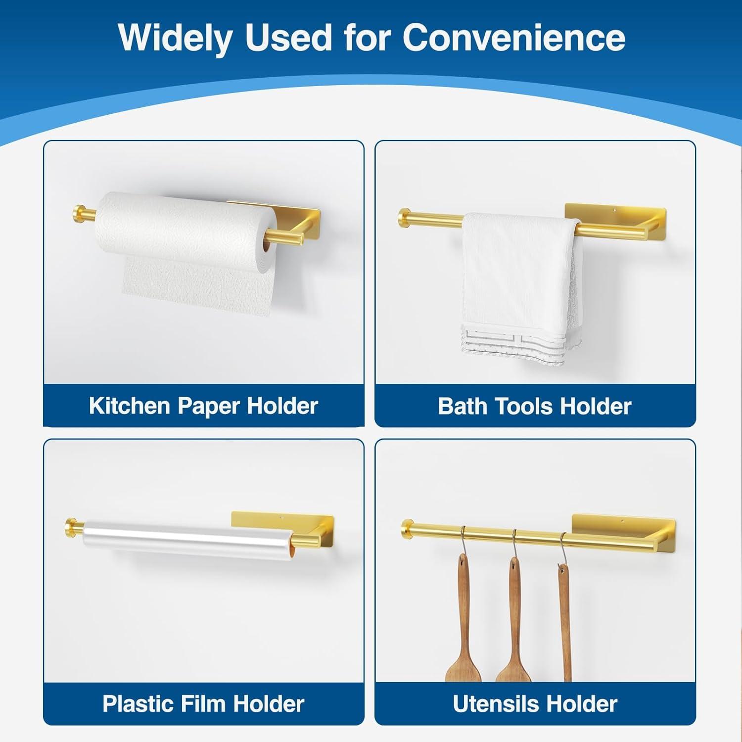 Paper Towel Holder- Self Adhesive or Drilling Gold Stainless Steel Wall Mount Towel Holder