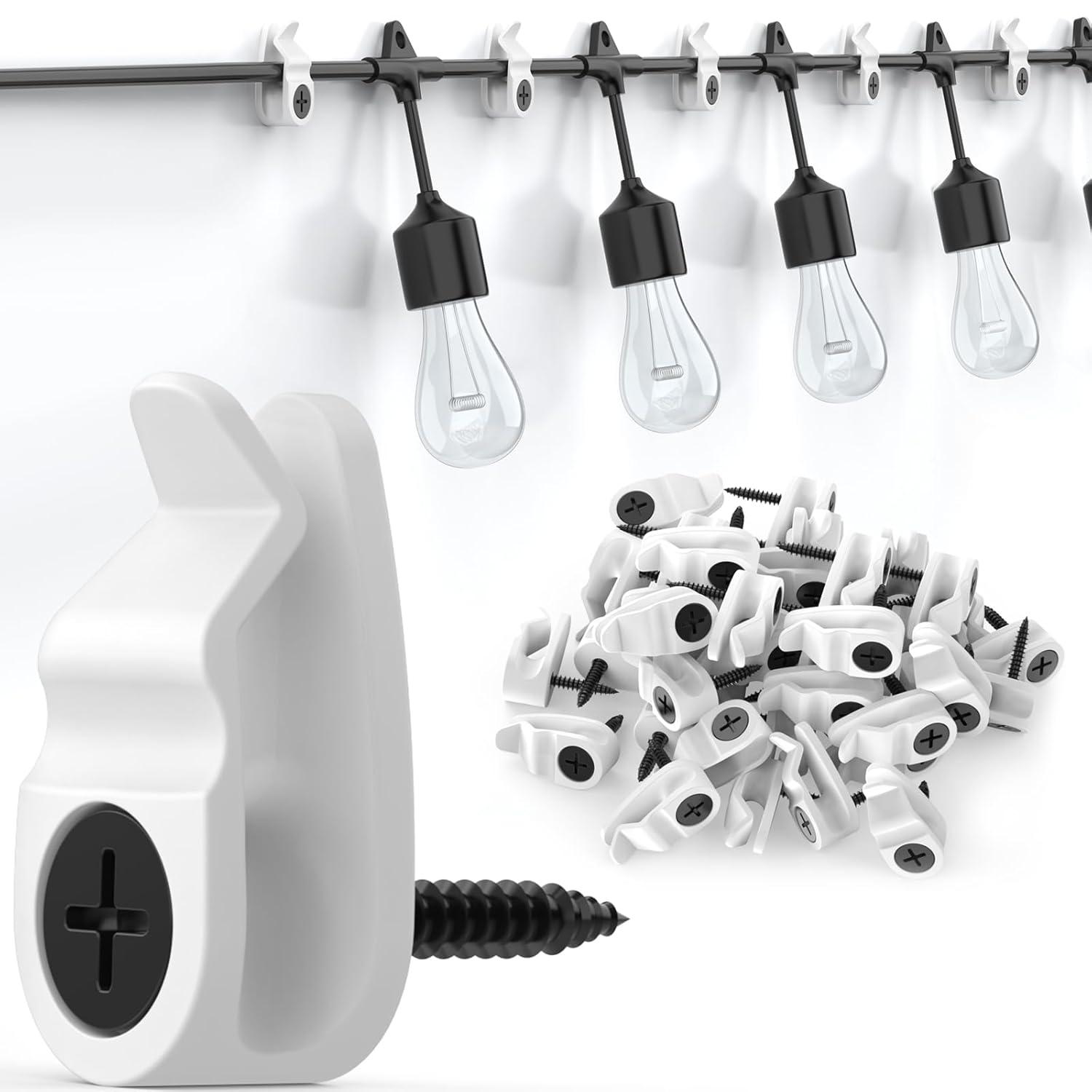 Hooks for Outdoor String Lights Clips, Christmas Light Clips Weatherproof, Lights Hanger Hooks for Hanging Christmas Light, Fairy Light, Cable, Holiday Decor - White, 50 Pack