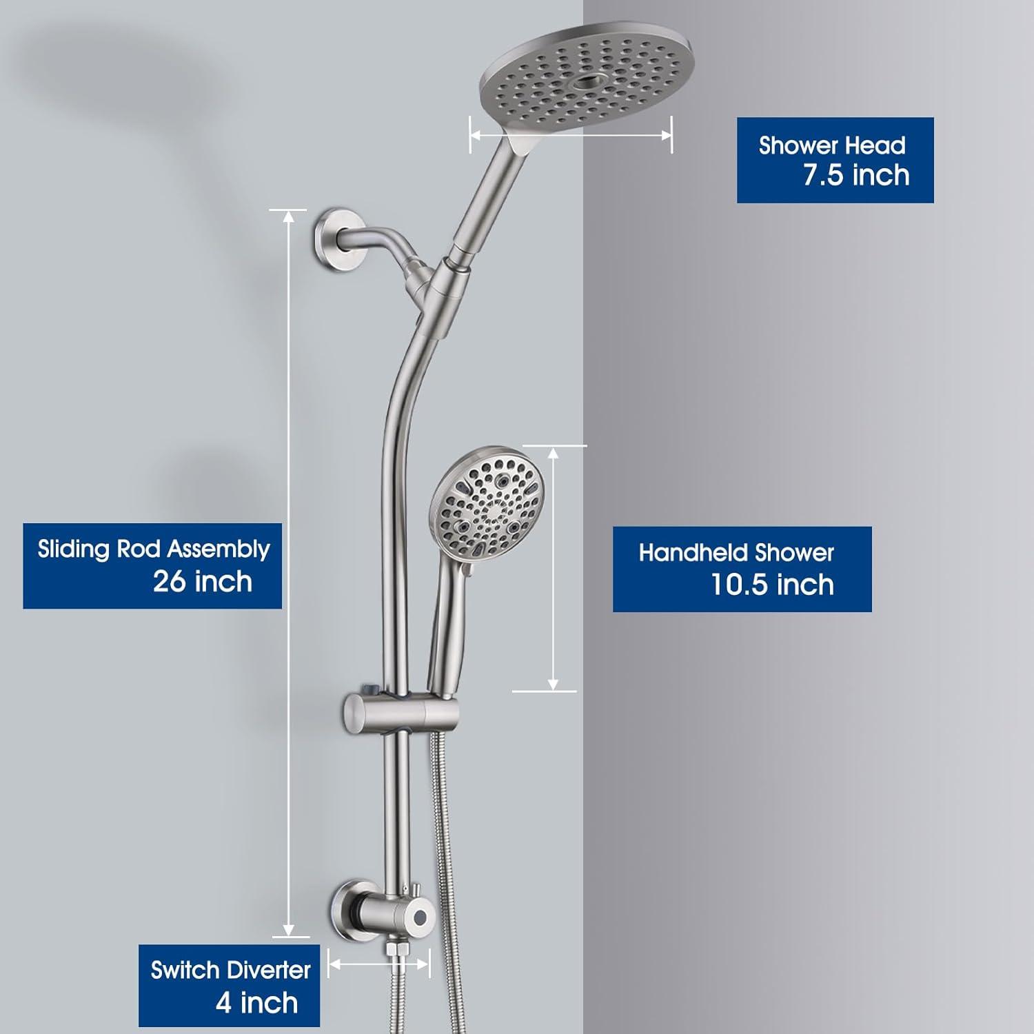 Rainfall Shower Head with Handheld Shower Spray, with 26" Drill Free Adjustable Height Slider Bar, High Pressure Dual Shower Head Combo, 3-Way Diverter for Easy Reach, 5Ft Hose - Chrome Finish