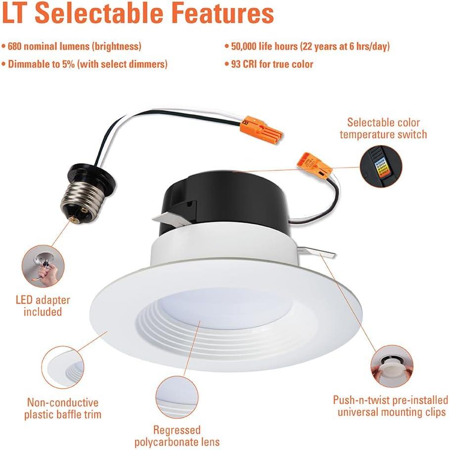 LT 4 in. Selectable 5CCT IC Rated Indoor Integrated LED Recessed Light with Baffle Trim, 650 Lumens, Matte White