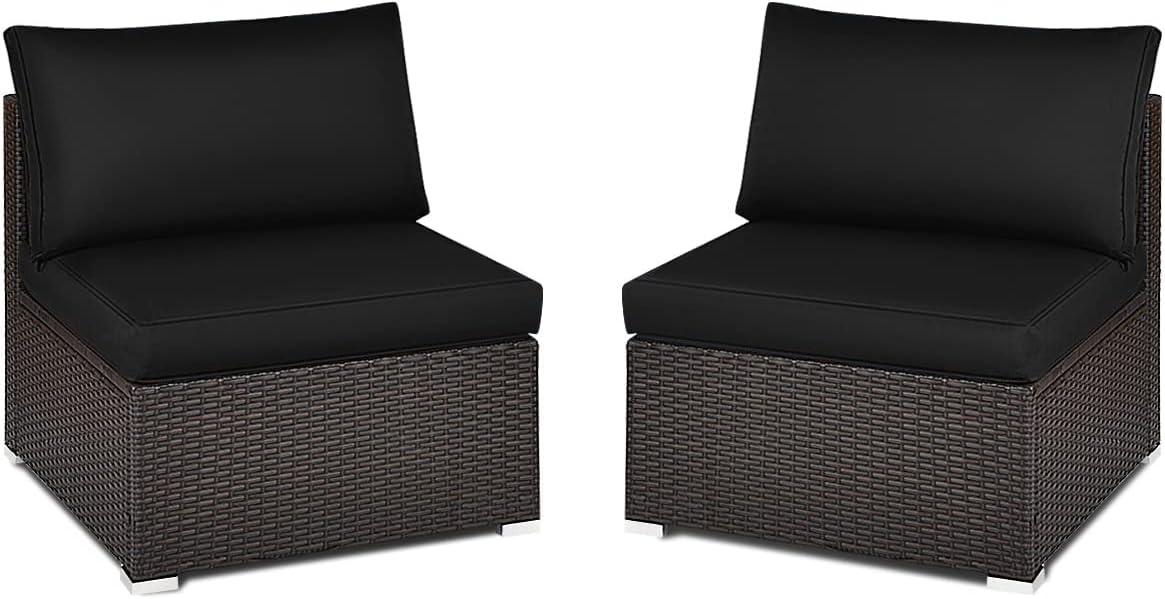 Canddidliike Patio Furniture Sets, 2 Pieces Patio Rattan Armless Sofa Set with 2 Cushions and 2 Pillows-Black, Wicker Sofa Small Patio Conversation Couch for Garden, Poolside