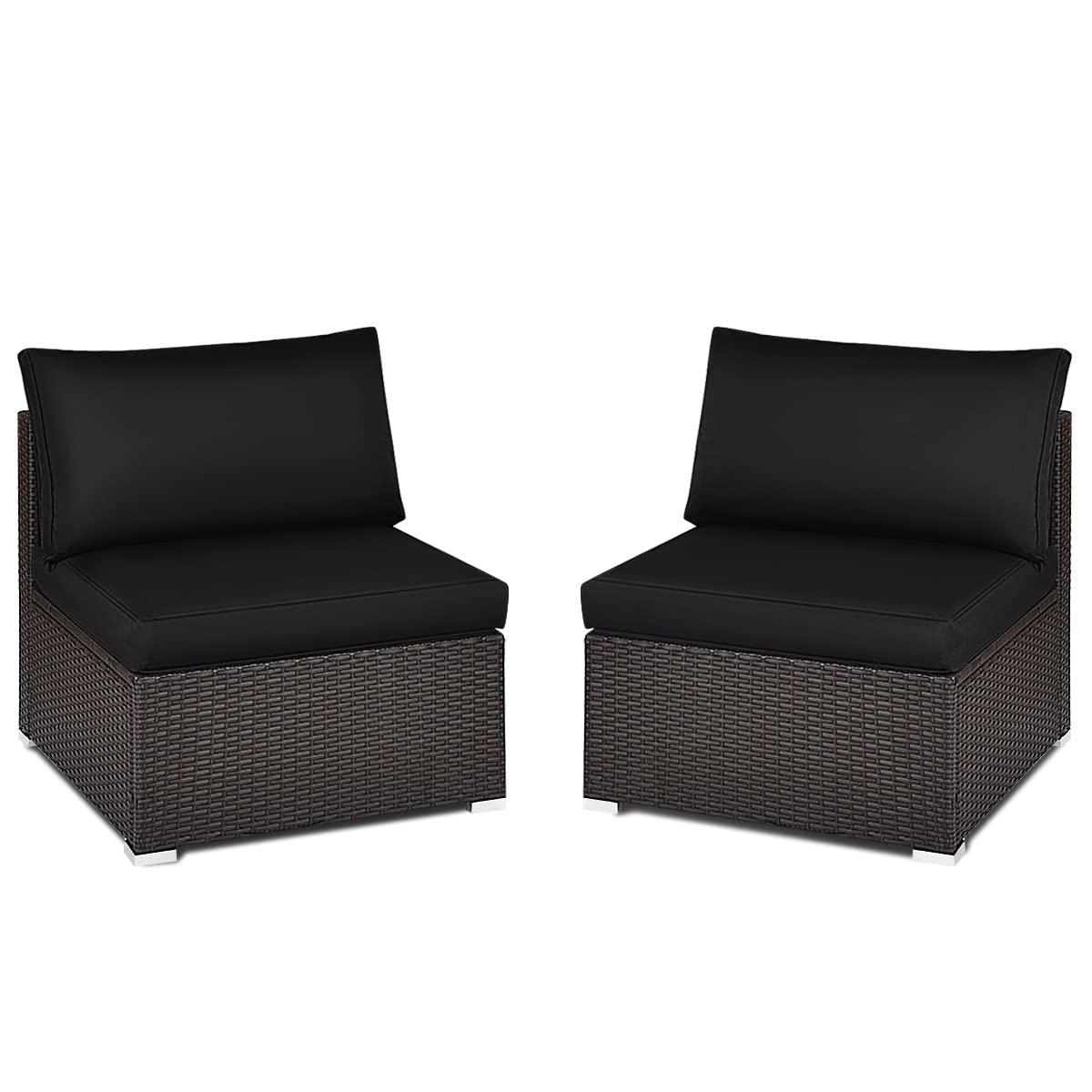 Costway 2PCS Patio Rattan Armless Sofa Sectional Furniture Conversation W/Black Cushion