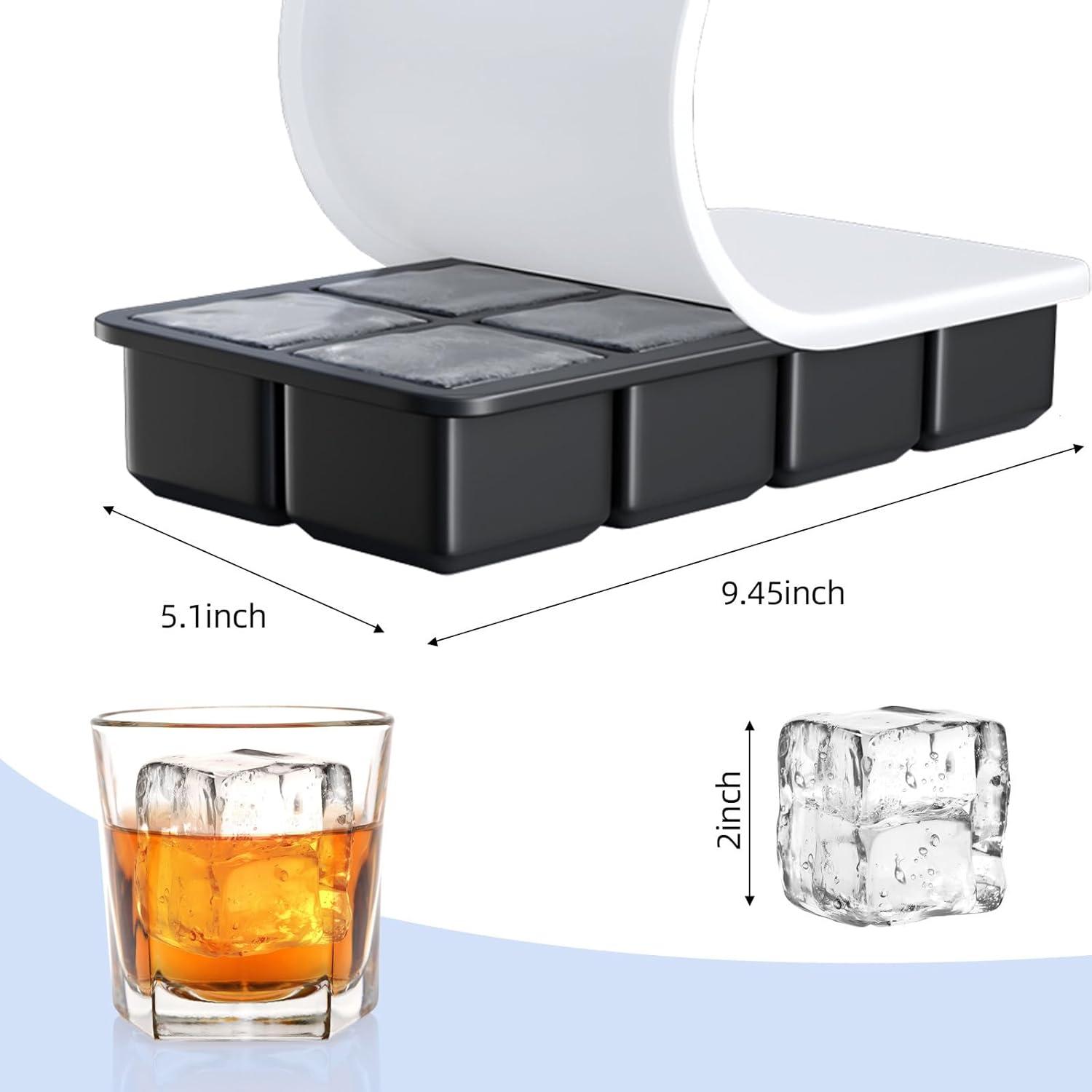 Large Ice Cube Tray for Whiskey: Big Square Ice Cube Maker for Cocktail - 2Pack Silicone Old Fashioned Ice Cube Trays - 2inch Huge Cubed Ice Trays for Whisky