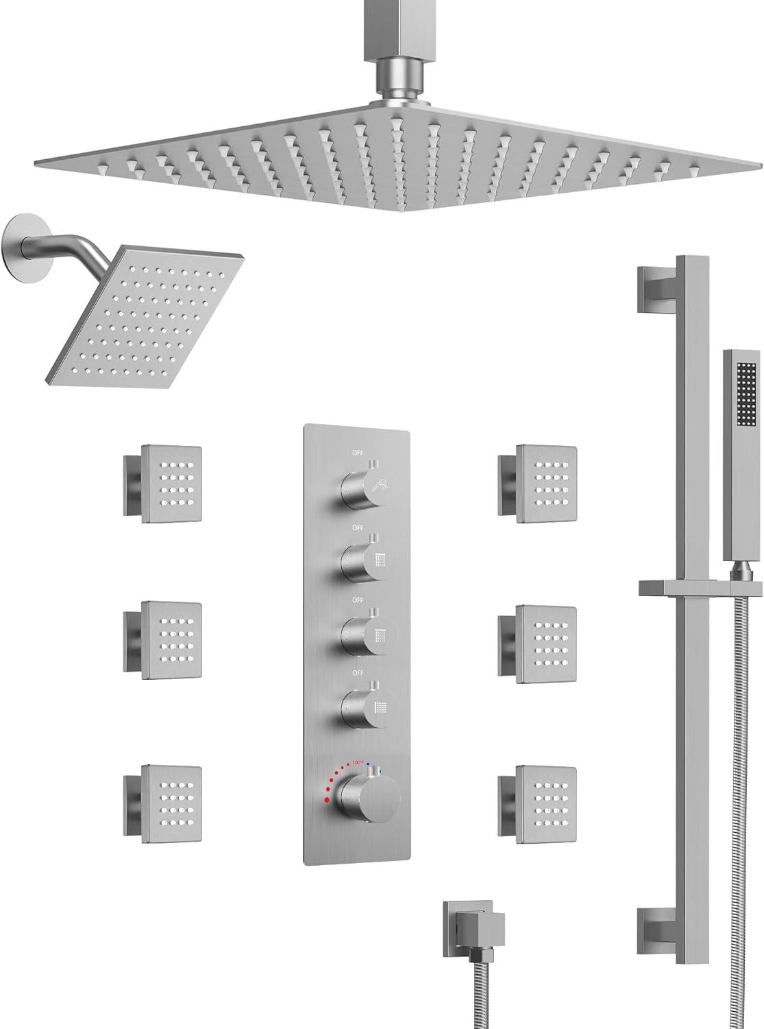 DualJetSpa 16" & 6" Brushed Nickel Dual Shower Head System with Body Jets