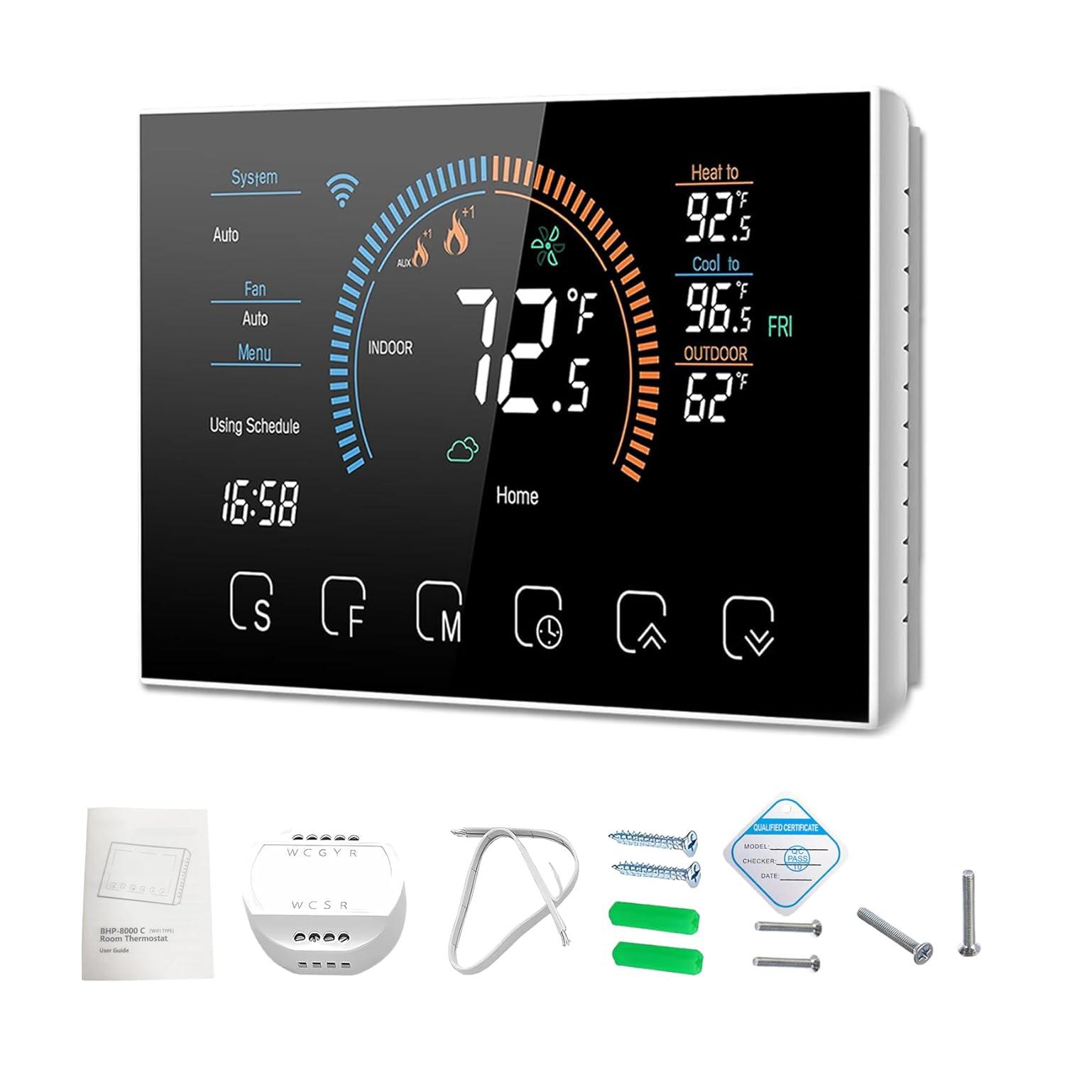 Smart Thermostat for Home WiFi, Programmable Thermostat for Connecting Heat Pumps, Cooling Heating & Auto Mode, Includes C-Wire Adapter, LCD Screen, Voice Control/Weather/Energy saving, App Thermostat