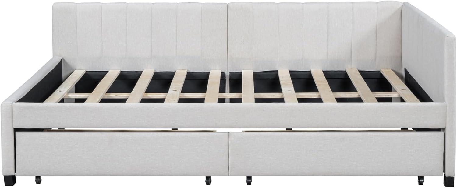 Full Size Daybed with 2 Storage Drawers,L-Shaped Upholstered Linen Fabric Sleeper Sofa Bed Couch,No Box Spring Needed for Kids Girls Adults,Beige