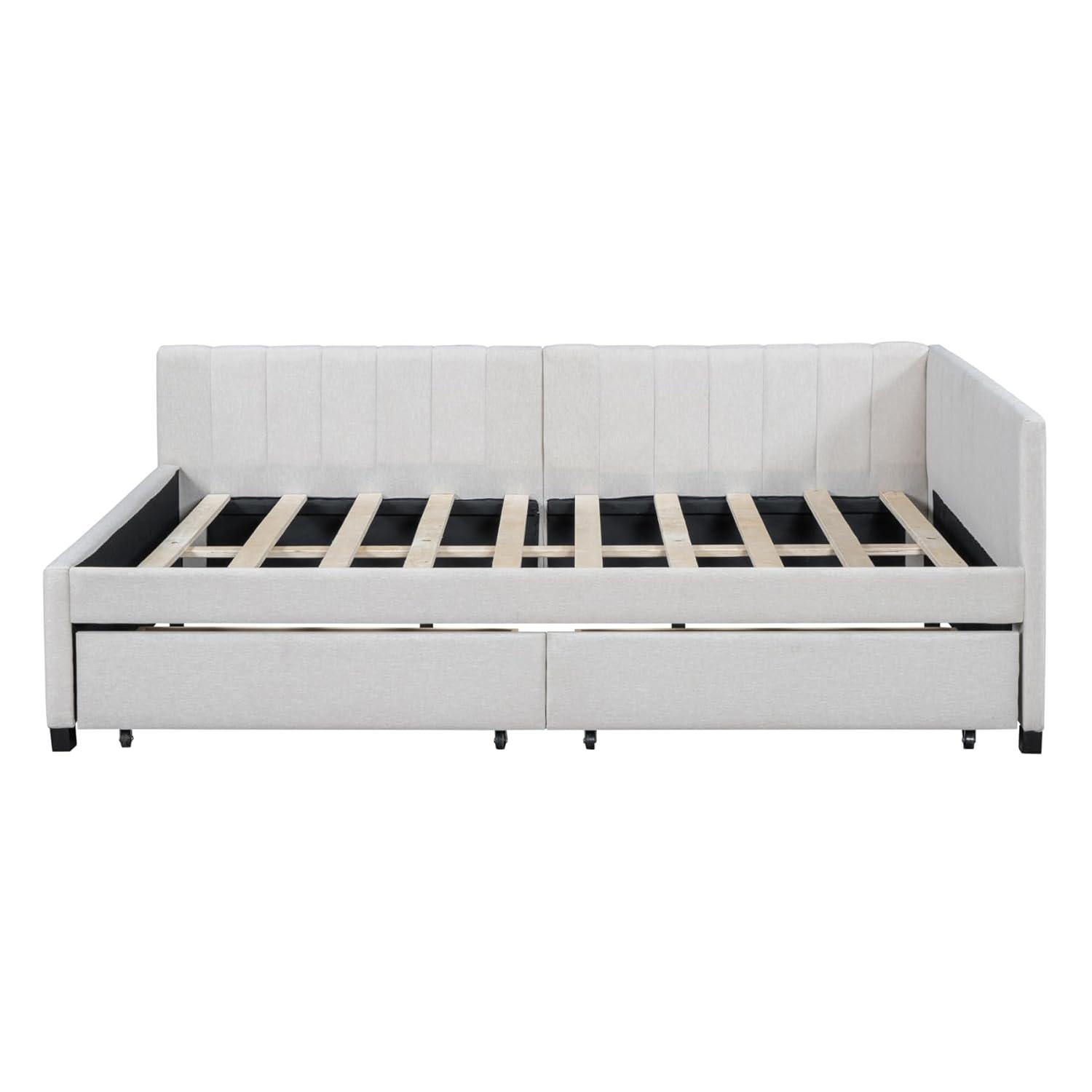 Full Size Daybed with 2 Storage Drawers,L-Shaped Upholstered Linen Fabric Sleeper Sofa Bed Couch,No Box Spring Needed for Kids Girls Adults,Beige