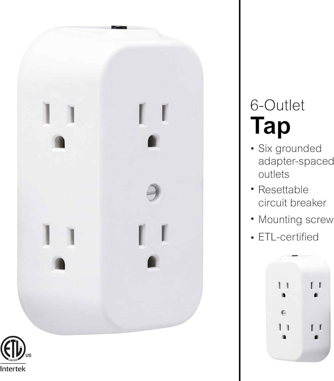GE 6-Outlet Wall Adapter, Reset Button, Wide Spaced Outlets, 56575