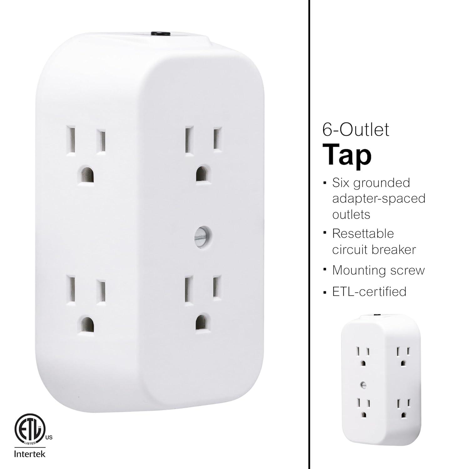 GE 6-Outlet Wall Adapter, Reset Button, Wide Spaced Outlets, 56575