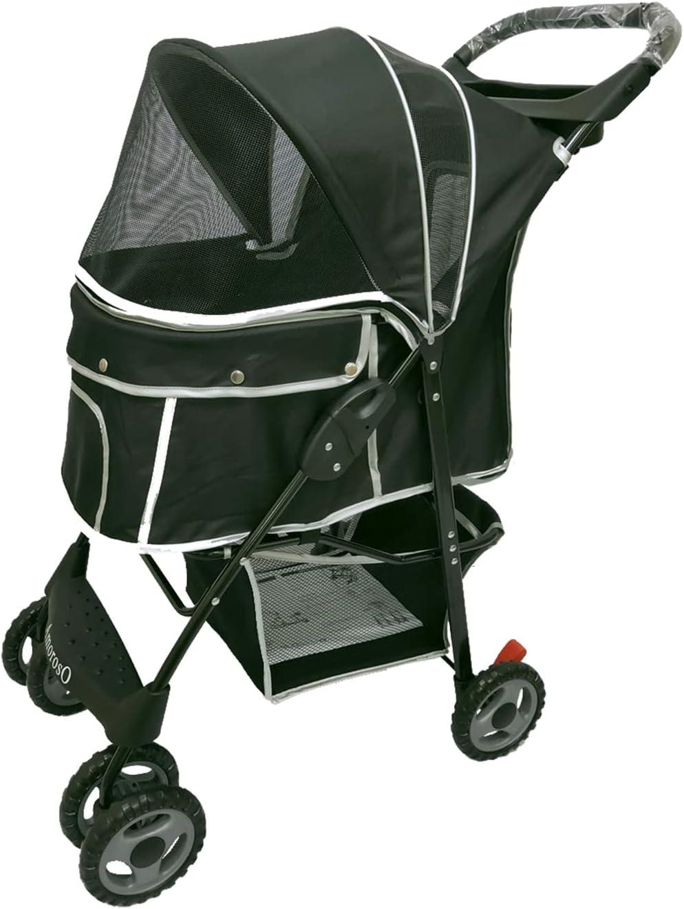 Black Polyester Pet Stroller with Storage Basket