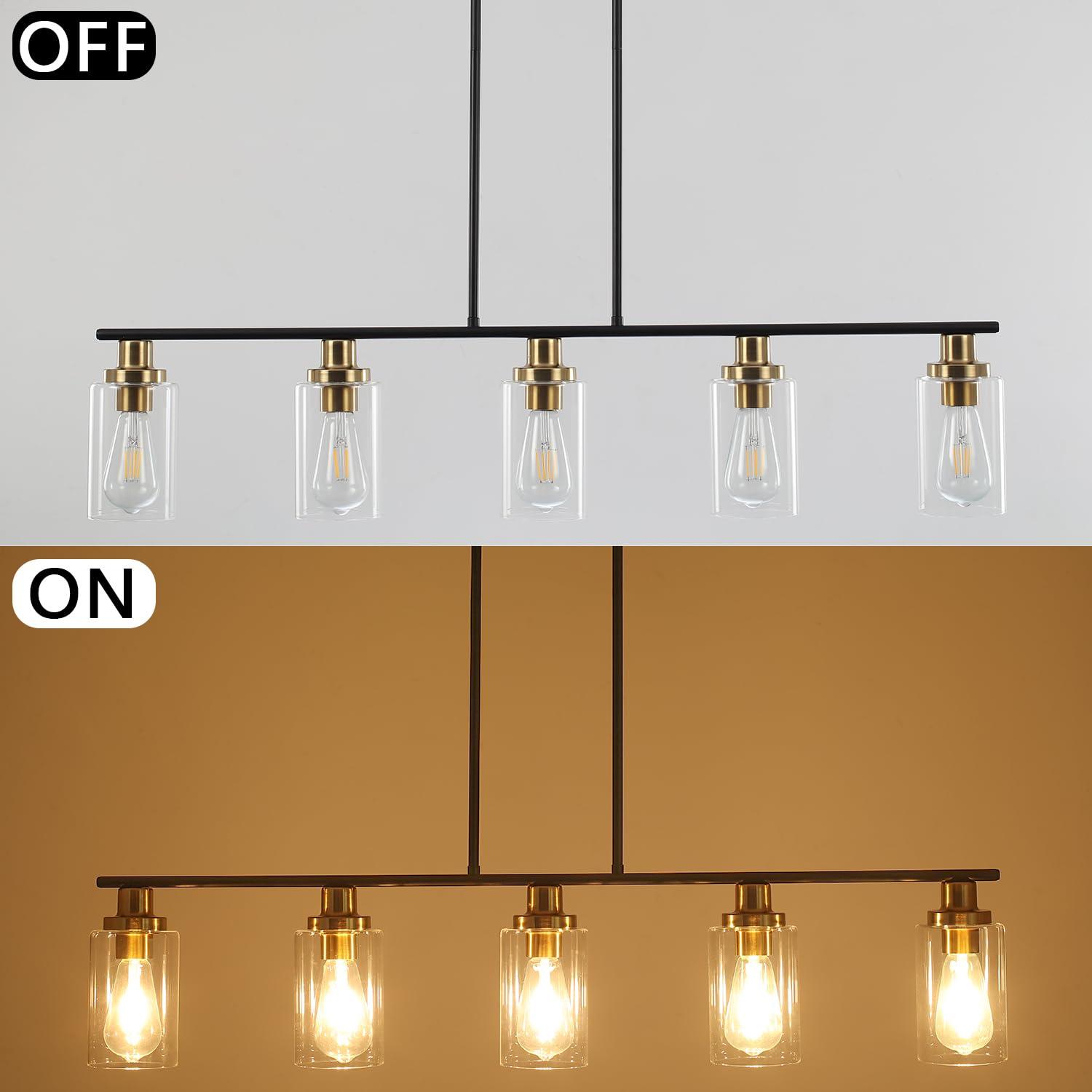 Island Light for Kitchen, 5 Lights Dining Room Lights Fixture with Clear Glass Shade, Matte Black and Gold Finish Pendant Lighting Over Table - ETL Listed