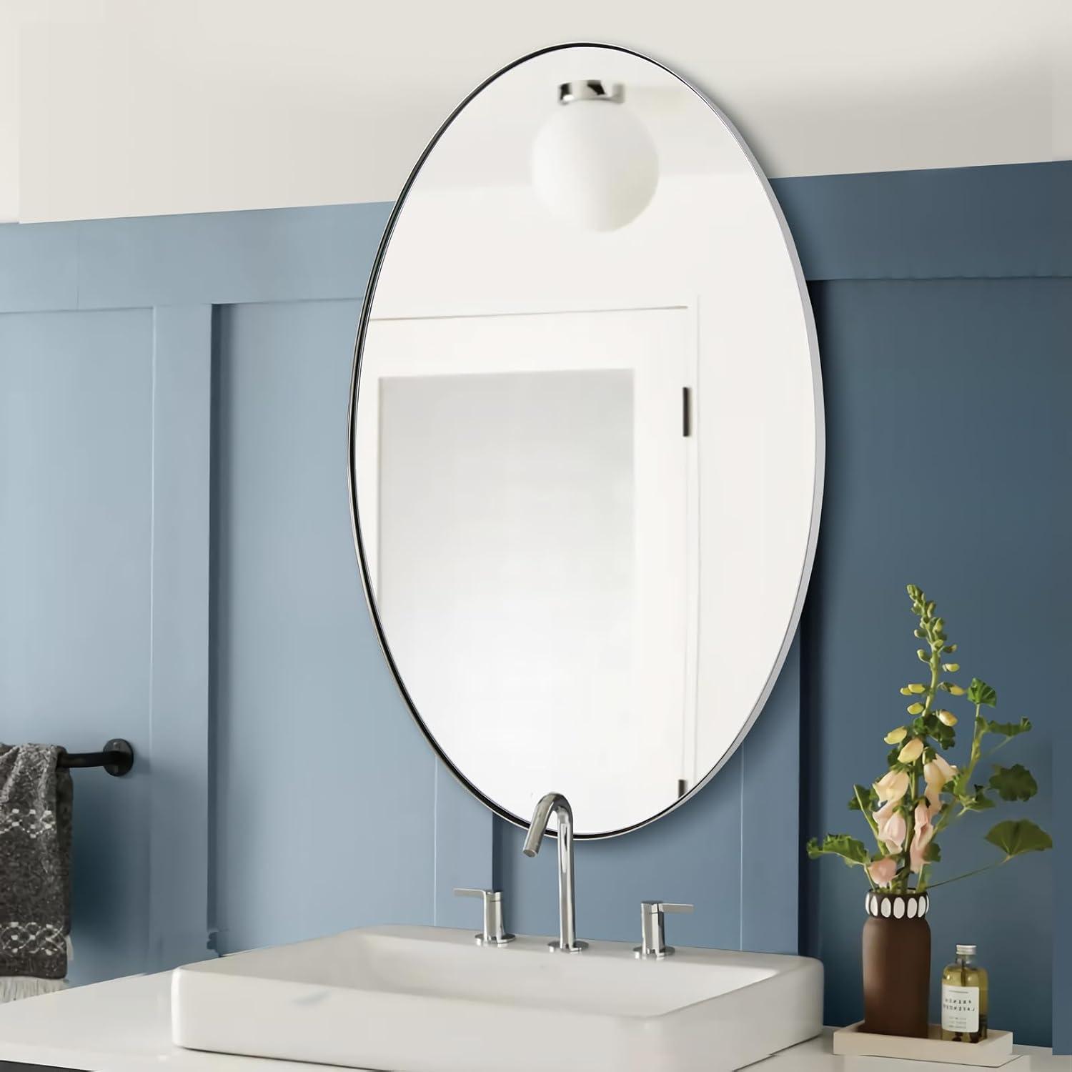 ANDY STAR Wall Mirror for Bathroom, 24x36'' Chrome Oval Bathroom Mirror, Large Oval Wall Mirror for Btahroom, Oblong Pill Shaped Chrome Mirror Stainless Steel Frame Wall Mount Horizontal or Vertical