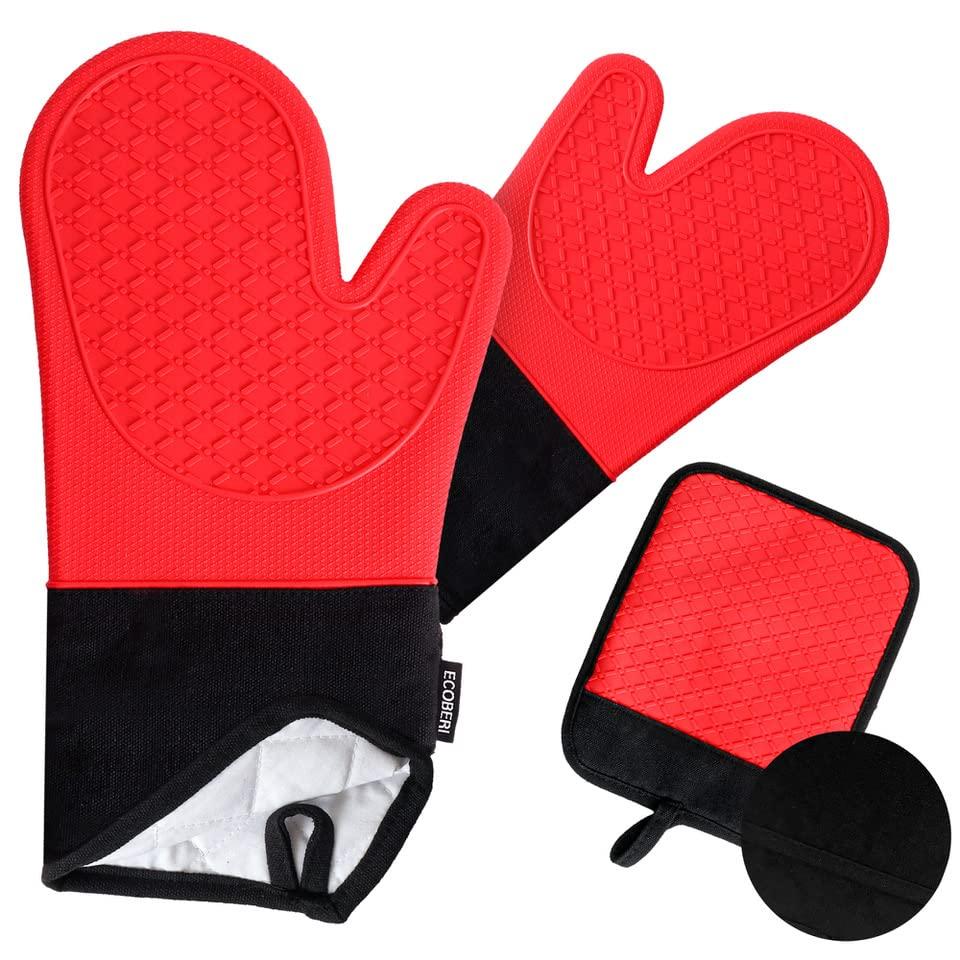 Ecoberi Red Silicone Oven Mitts and Pot Holder Set, 3 Count
