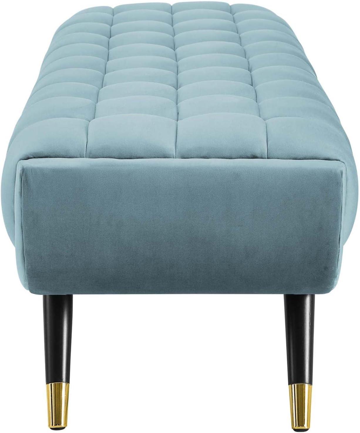 Sea Blue Tufted Velvet Bench with Gold Accents