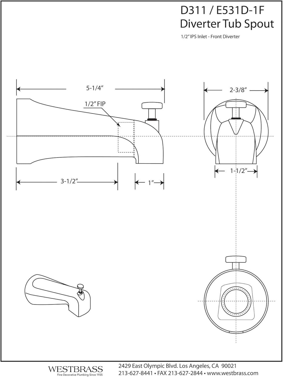 5-1/2" Reach Brass Wall Mount Tub Spout with Nose Diverter