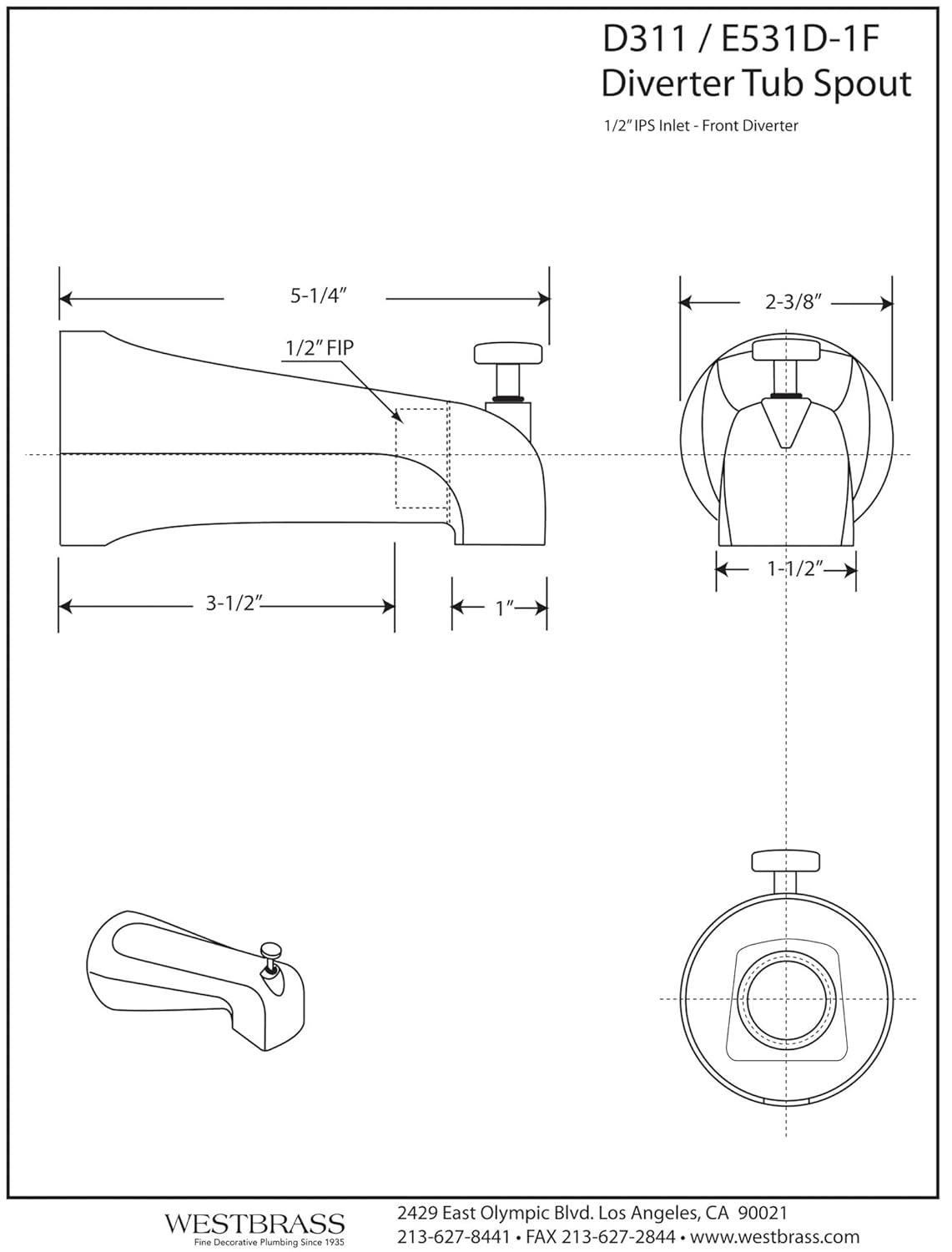 5-1/2" Reach Brass Wall Mount Tub Spout with Nose Diverter