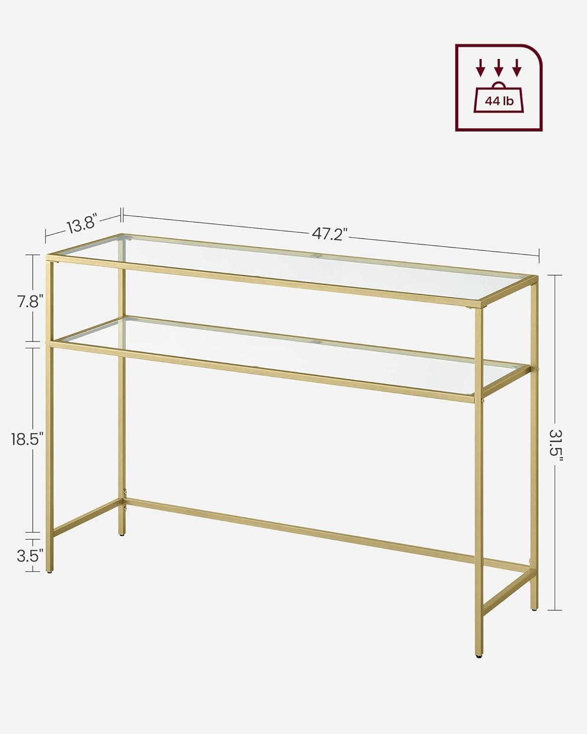 VASAGLE 47.2" Console Sofa Table Modern Entryway Table Tempered Glass Table 2 Shelves for Living Room Hallway Gold Color