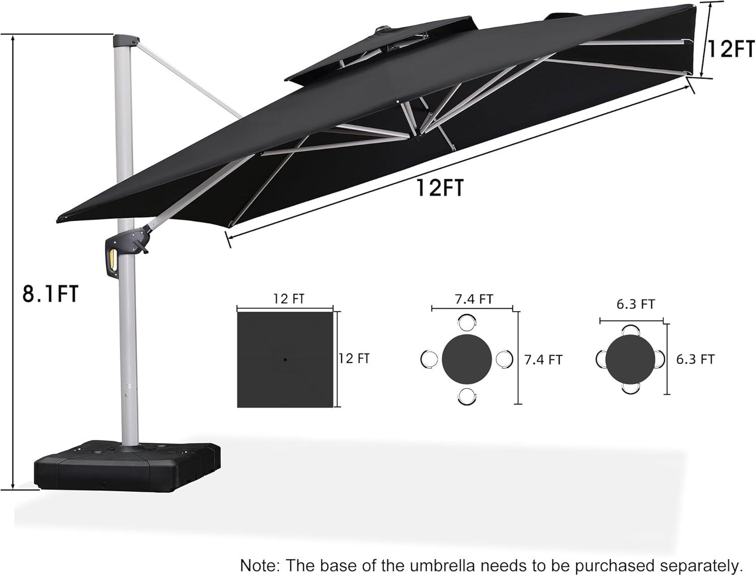 PURPLE LEAF 12 Feet Double Top Deluxe Square Patio Umbrella Offset Hanging Umbrella Cantilever Outdoor Market Umbrella Garden, Black