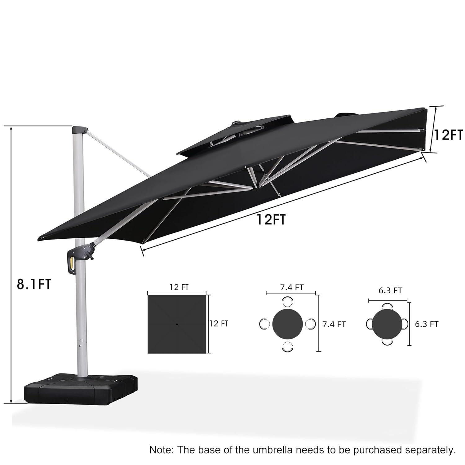 PURPLE LEAF 12 Feet Double Top Deluxe Square Patio Umbrella Offset Hanging Umbrella Cantilever Outdoor Market Umbrella Garden, Black