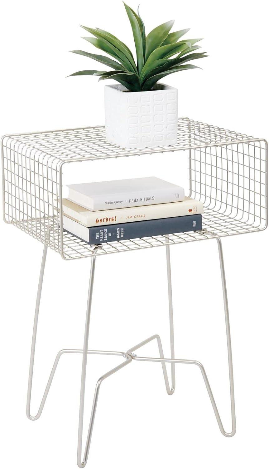 Satin Finish Industrial Chic Side Table with Storage Grid