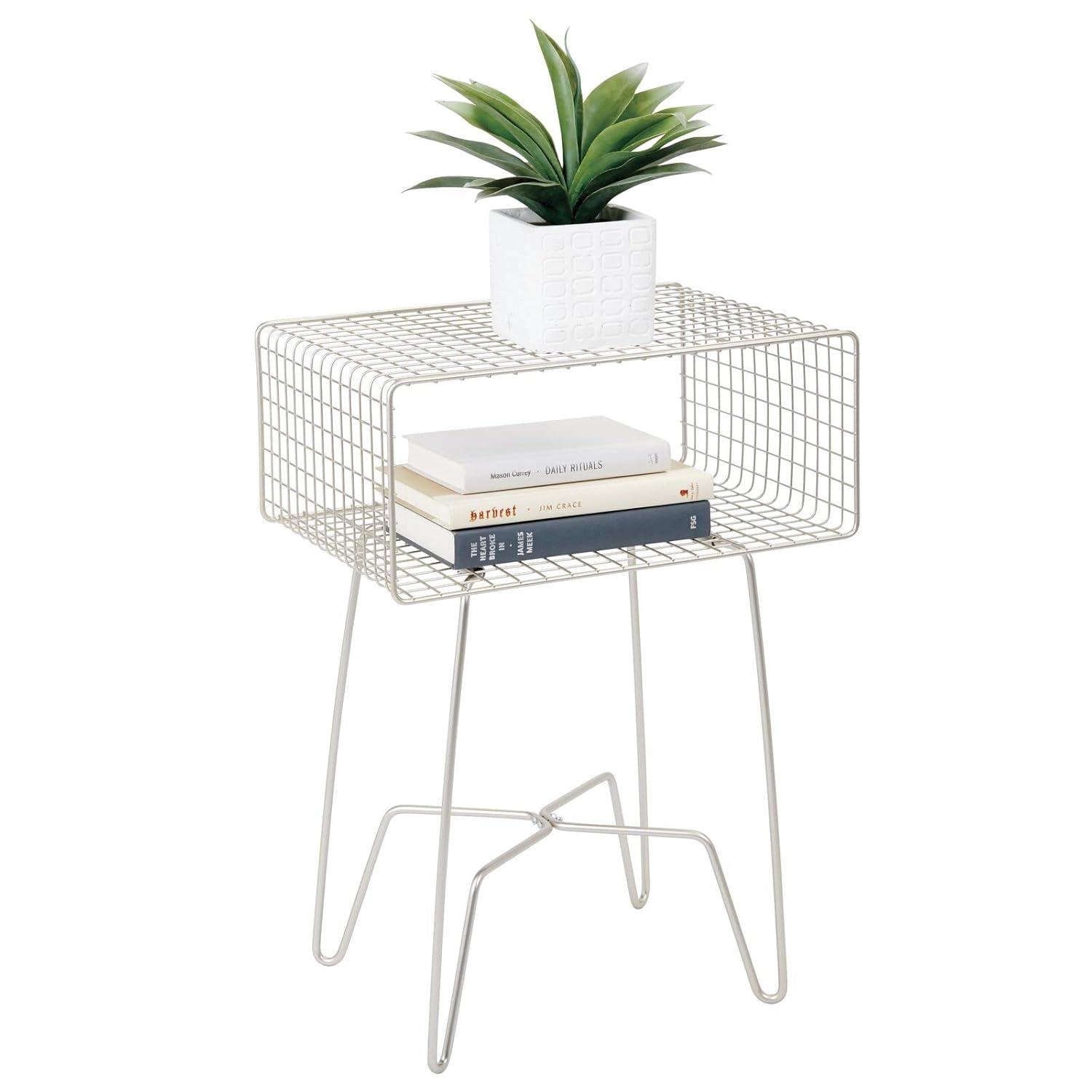 mDesign Modern Industrial Side Table with Storage Shelf, 2-Tier Metal Minimal End Table, Metallic Caged Grid - Accent Furniture for Living Room, Bedroom, Office, Dorm, Concerto Collection, Satin
