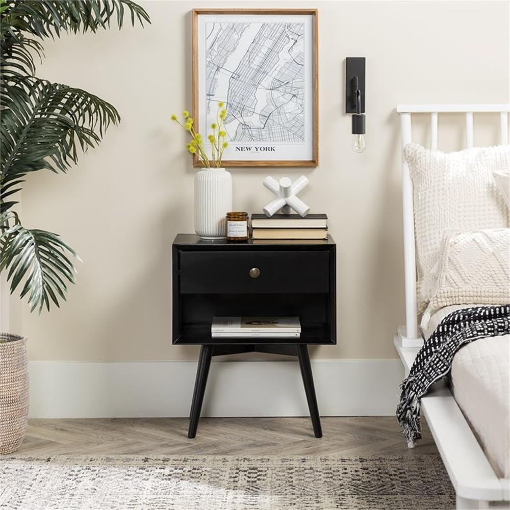 Mid-Century Modern Black Pine Wood 1-Drawer Nightstand