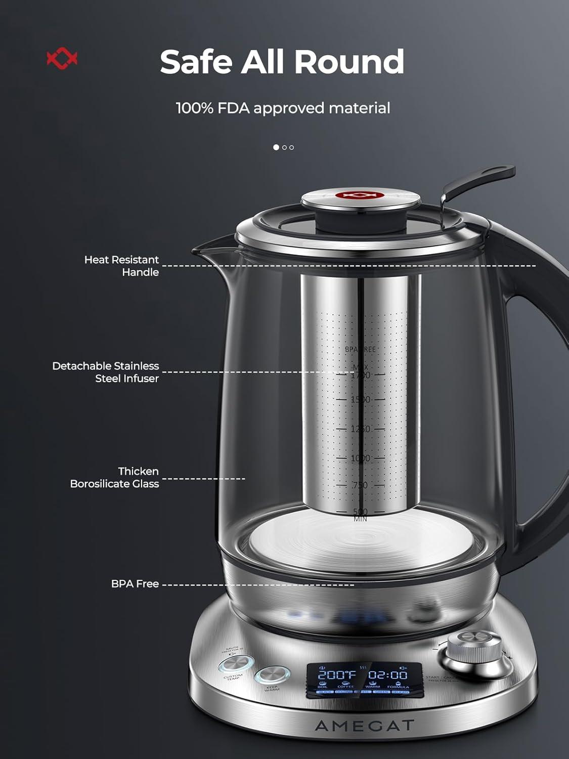 Stainless Steel Borosilicate Glass Electric Tea Kettle with Infuser