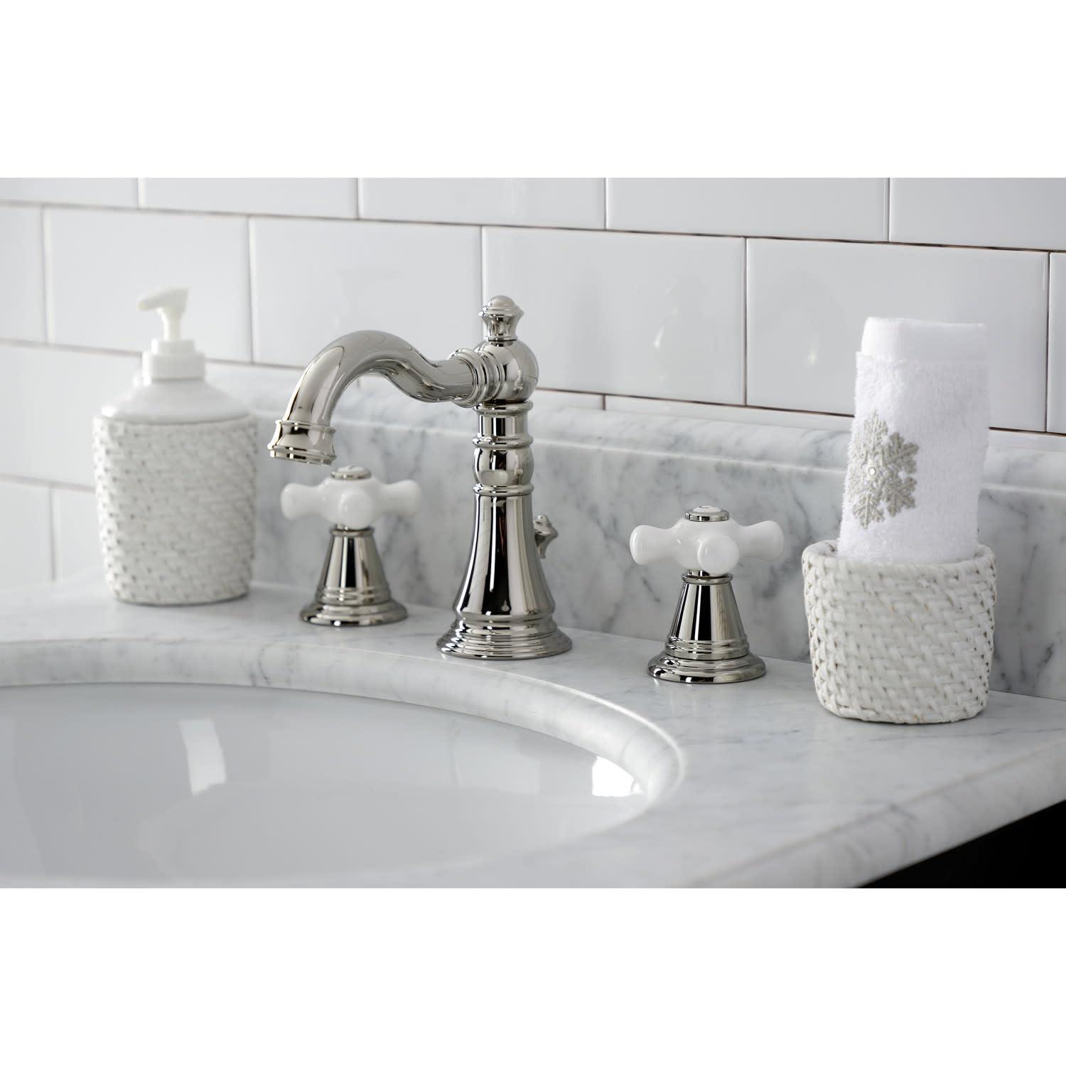Kingston Brass American Classic Two-Handle 3-Hole Deck Mount Widespread Bathroom Faucet with Pop-Up Drain