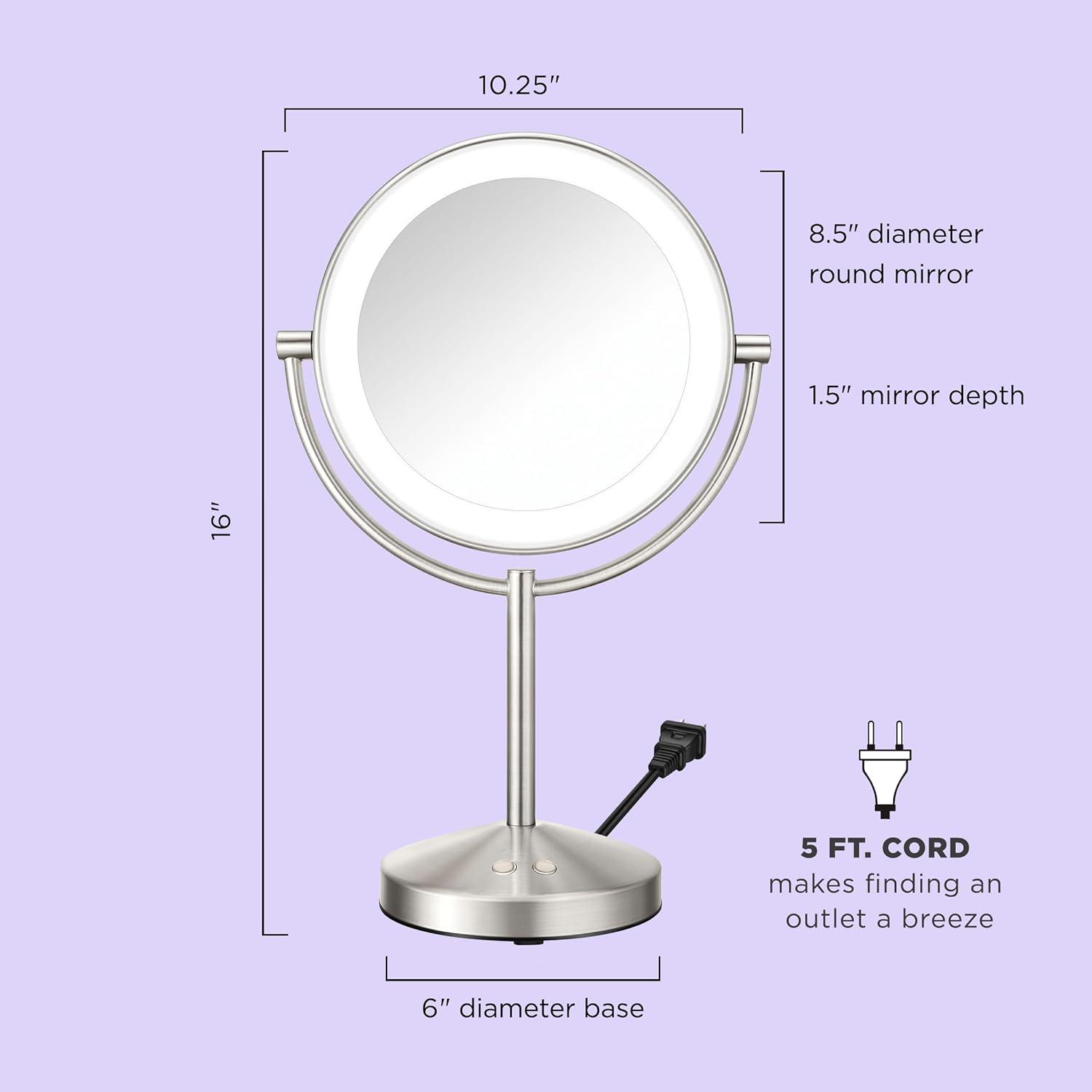 Satin Nickel LED Lighted Double-Sided Makeup Mirror with 10x Magnification