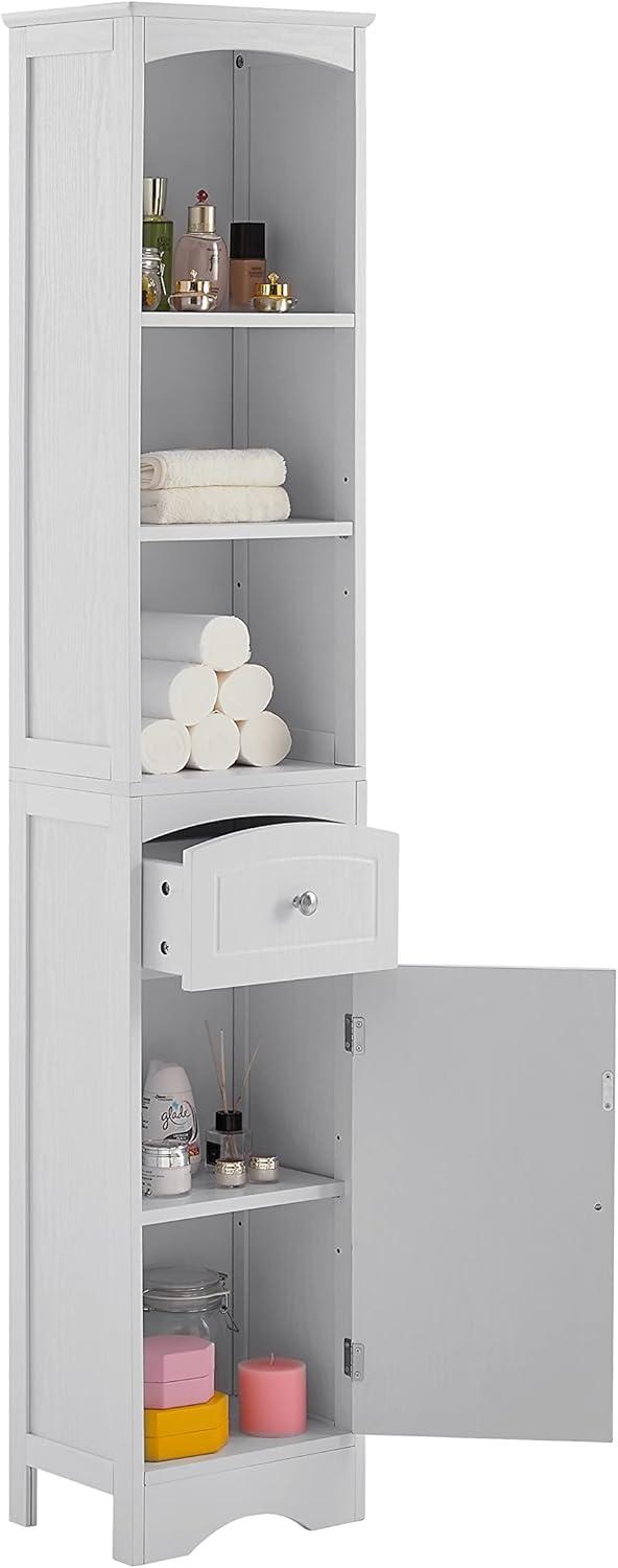 Tall White MDF Living Room Storage Cabinet with Shelves and Drawer