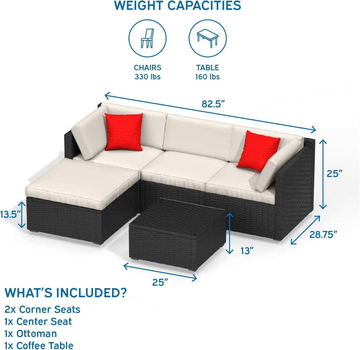 Black Wicker 3-Person Outdoor Sectional with Off-White Cushions