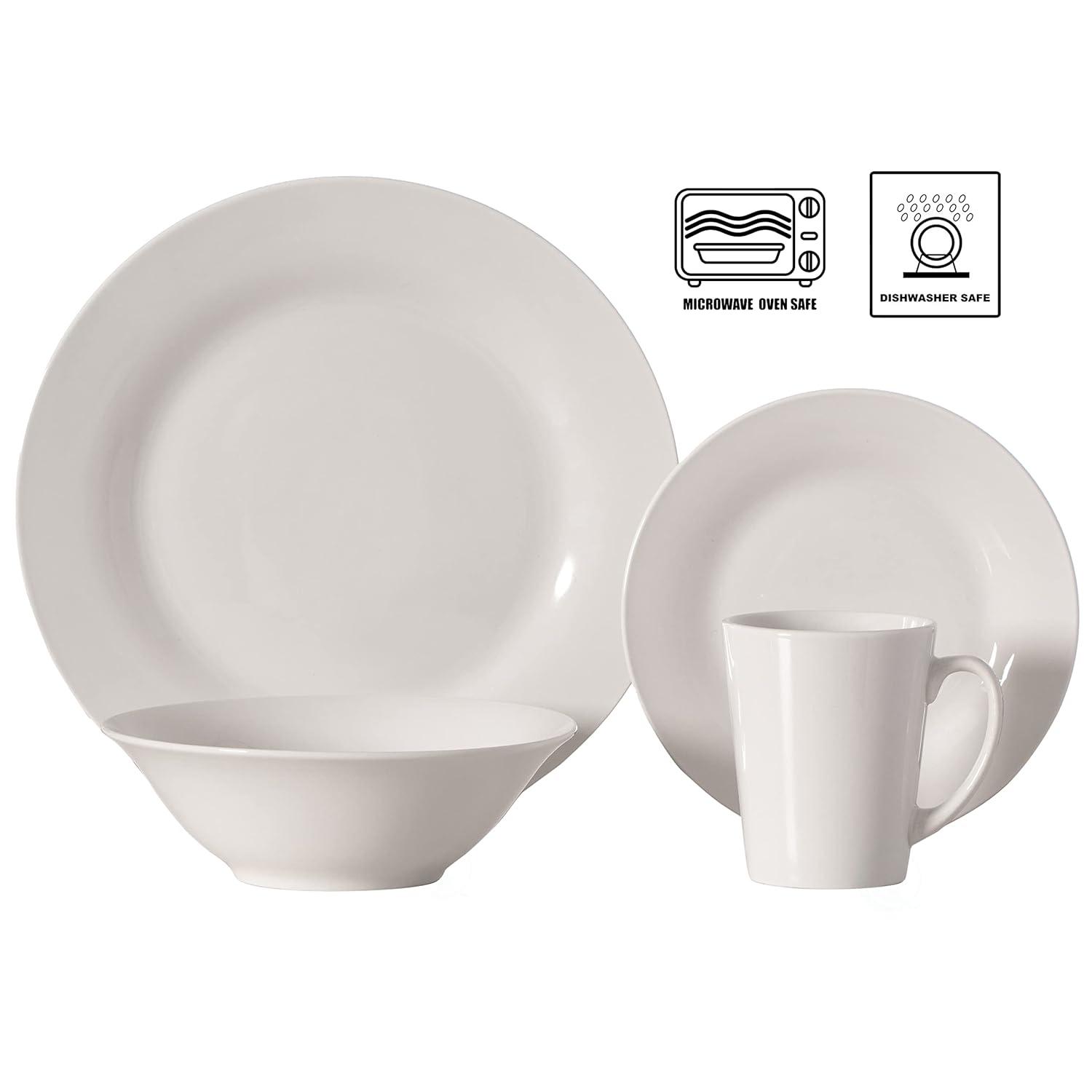 Dinewares 16 PC Spin Wash Dinnerware Dish Set for 4 Person | Mugs, Salad and Dinner Plates and Bowls Sets, Dishwasher and Microwave Safe, White