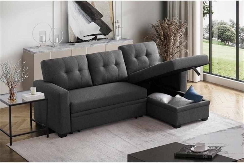 Devion Furniture Polyester Fabric Reversible Sleeper Sectional Sofa in Dark Gray