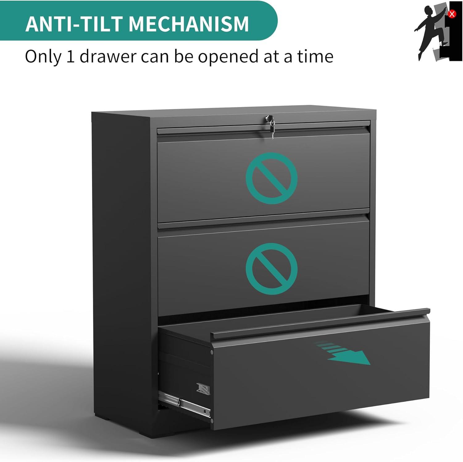 Black Steel 3-Drawer Lockable Lateral Filing Cabinet