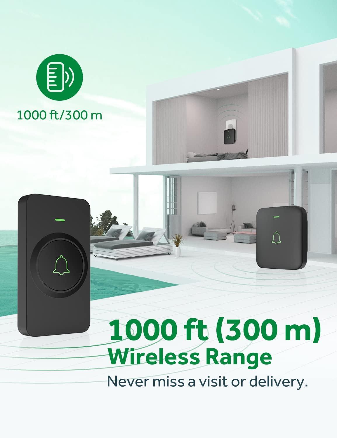 AVANTEK Wireless Door Bell, Mini CB-11 Waterproof Doorbell Chime Operating at 1000 Feet with 52 Melodies, 5 Volume Levels & LED Flash