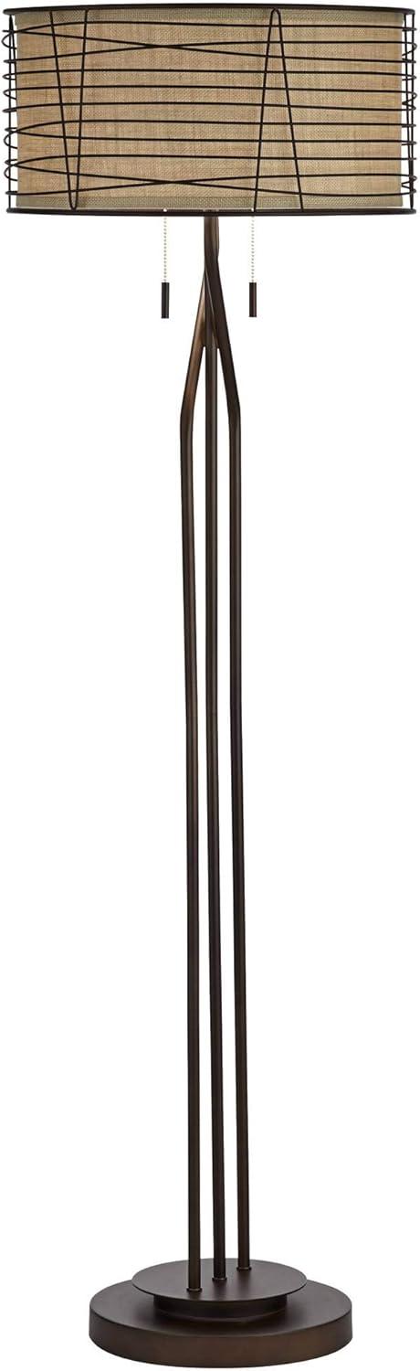 Franklin Iron Works Marlowe Rustic Farmhouse Floor Lamp 60 1/2" Tall Bronze Metal Oster Woven Burlap Fabric Inner Drum Shade for Living Room Bedroom