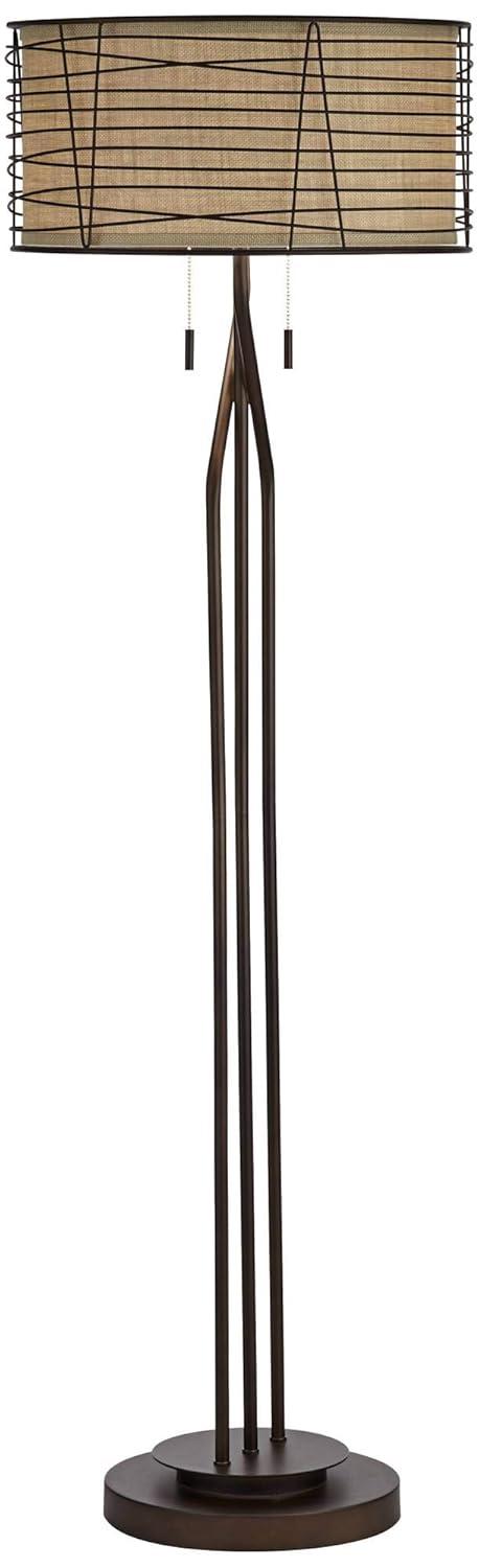 Franklin Iron Works Marlowe Rustic Farmhouse Floor Lamp 60 1/2" Tall Bronze Metal Oster Woven Burlap Fabric Inner Drum Shade for Living Room Bedroom