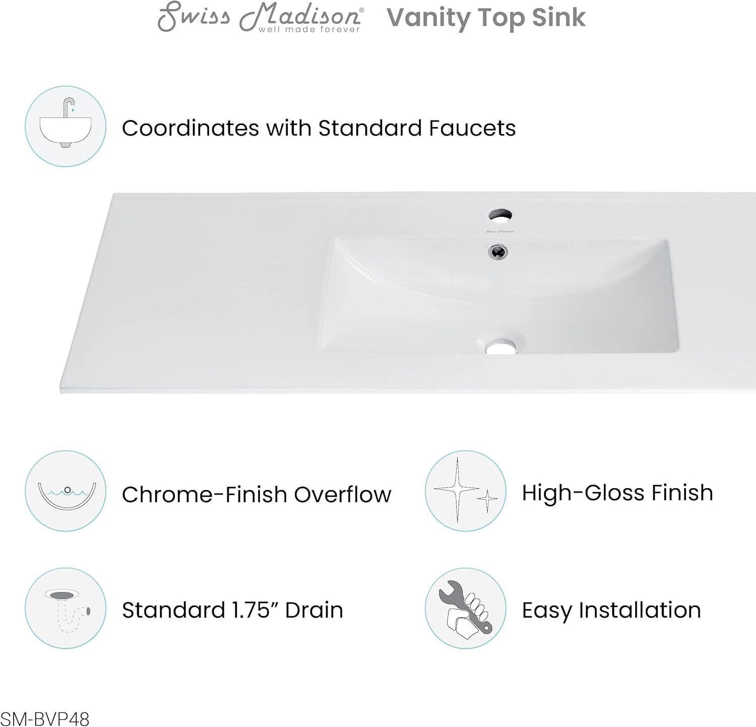 Swiss Madison 47.56'' Single Bathroom Vanity Top in Glossy White with Sink