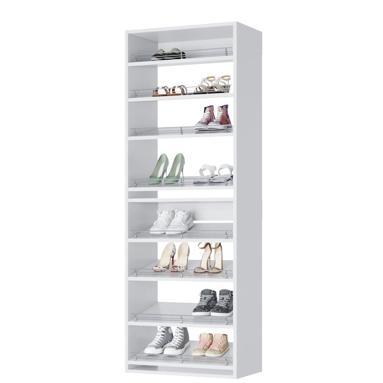 Modular Closets 8 Tiered White Slanted Shoe Shelf Closet Organizer Unit, 19.5"
