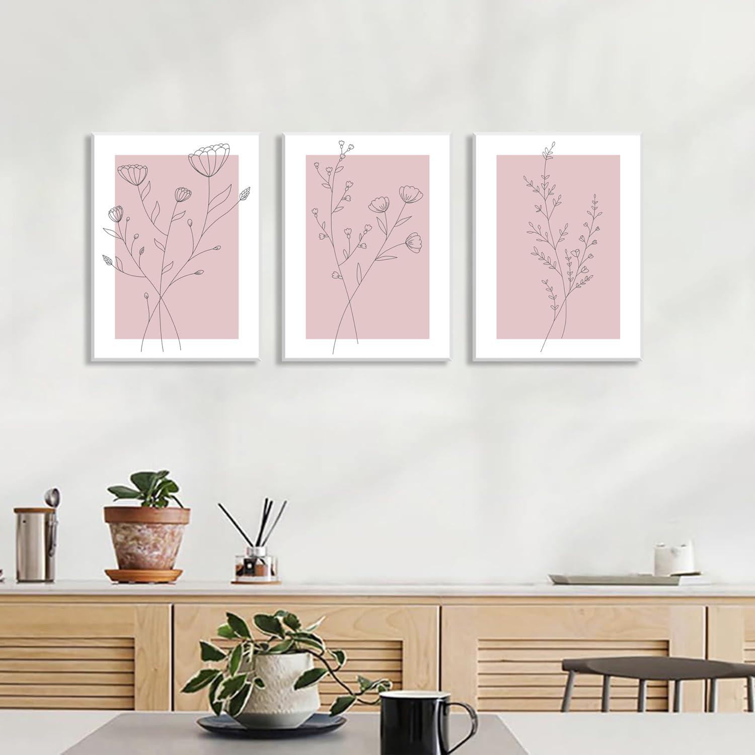 Lark Manor™ 3 Pieces Minimalism Botanical Canvas Wall Art Pink Flowers Line Plants Pictures Wall Decor Posters Print Artwork For Girls' Room Living Room Bedroom Bathroom Office Home Decoration