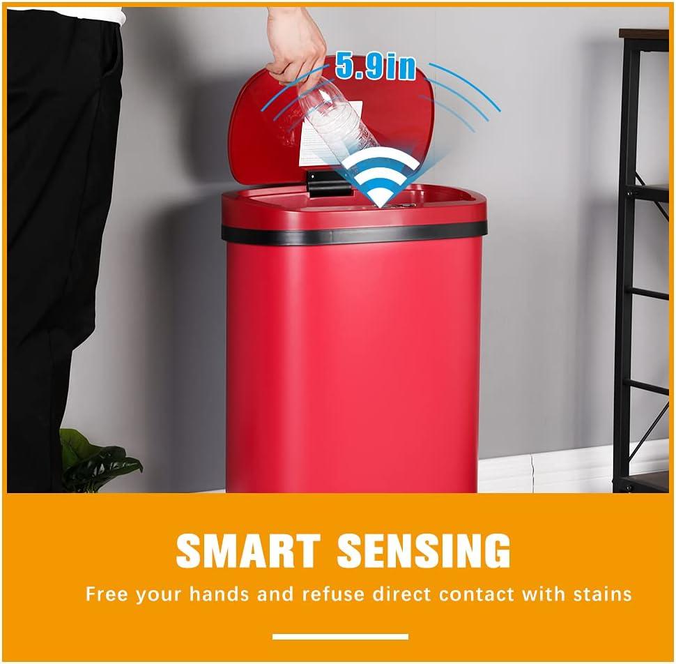 13 Gallon 50L Touch Automatic Stainless Steel Trash Can Garbage Can Metal Trash Bin with Lid for Kitchen Living Room Office Bathroom, Electronic Sensor Automatic Trash Can - Red